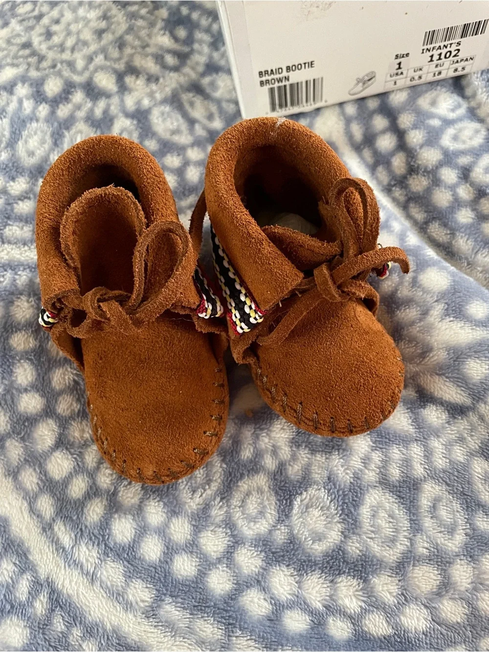 Infant Brown Suede Braid Bootie - Cozy Baby Moccasins Minnetonka